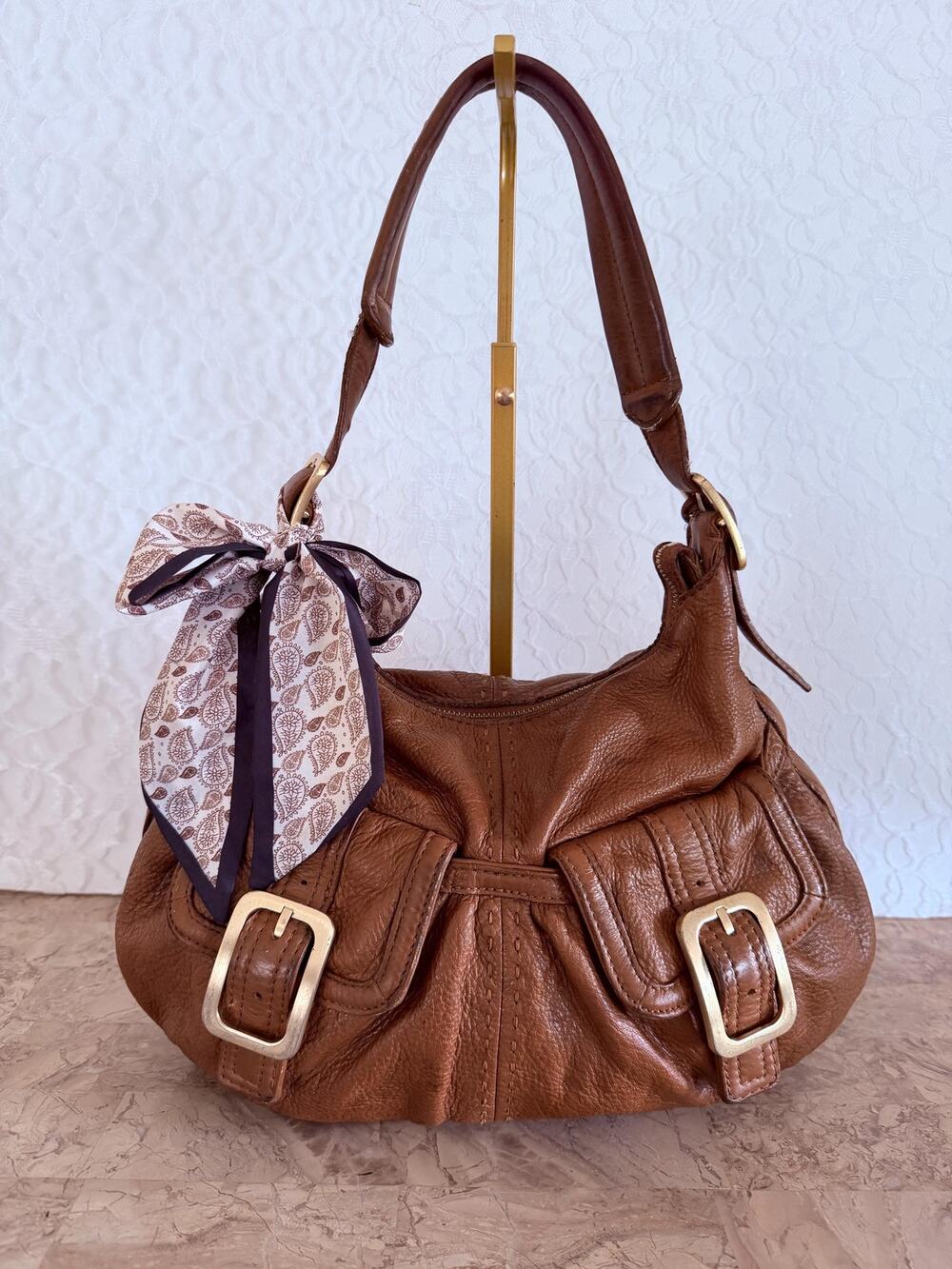 Cole Haan S/M pleated saddle brown pebble leather shoulder bag